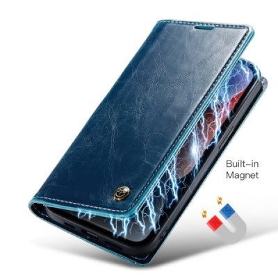 Apple iPhone 15 Pro „CaseMe“ Leather solidus atverčiamas mėlynas odinis dėklas - knygutė | Priedai.lt
