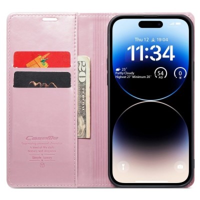 Apple iPhone 15 Pro Max „CaseMe“ Leather solidus atverčiamas rožinis odinis dėklas - knygutė | Priedai.lt