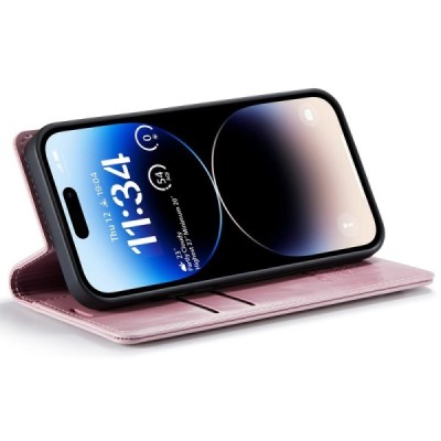 Apple iPhone 15 Pro Max „CaseMe“ Leather solidus atverčiamas rožinis odinis dėklas - knygutė | Priedai.lt